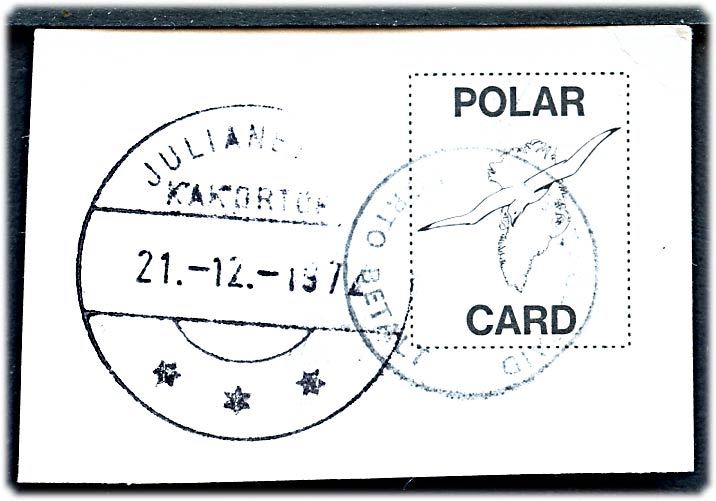 60 øre Fr. IX på brevkort (Trommedanser) placeret over stempel Postage Paid / Porto Betalt stemplet Sdr. Strømfjord d. 9.4.1973 til Jakobshavn. Medfølger lille klip med samme stempel.