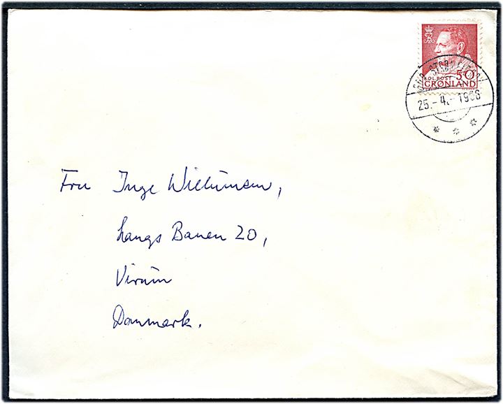 50 øre Fr. IX på brev fra Sdr. Strømfjord d. 25.4.1956 til Virum, Danmark.