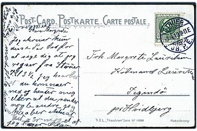 5 øre Fr. VIII på brevkort stemplet Struer JB.P.E. d. 1.4.1910 til Jegindø pr. Hvidbjerg. Indtil 1916 var der færgeforbindelse mellem Tambohus og Jegindø i Limfjorden, som ophørte ved indvielse af en dæmning over Tambosund. Øen fik pr. 1.11.1919 eget brevsamlingssted med stjernestempel.