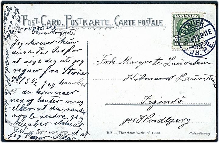 5 øre Fr. VIII på brevkort stemplet Struer JB.P.E. d. 1.4.1910 til Jegindø pr. Hvidbjerg. Indtil 1916 var der færgeforbindelse mellem Tambohus og Jegindø i Limfjorden, som ophørte ved indvielse af en dæmning over Tambosund. Øen fik pr. 1.11.1919 eget brevsamlingssted med stjernestempel.