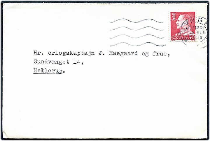Takkekort fra Arveprins Knud på Sorgenfri Slot i anledning af opmærksomhed ved fødselsdag. Frankeret med 50 øre Fr. IX stemplet Lyngby d. 1.8.1965 til orlogskaptajn J. Maegaard i Hellerup.