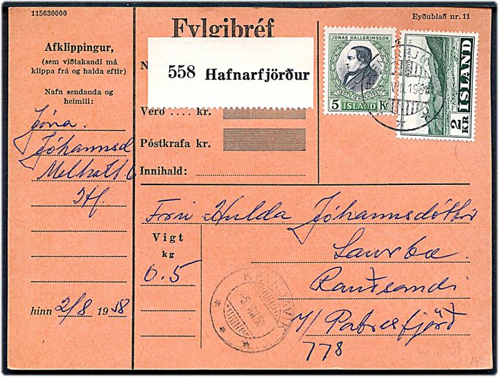 2 kr. Jökul og 5 kr. Hallgrimsson på indenrigs adressekort for pakke fra Hafnarfjördur d. 2.8.1958 via Reykjavik til Patreksfjördur.