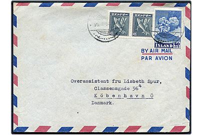 10 aur Sild (par) og 60 aur Hekla på luftpostbrev fra Reykjavik d. 30.1.1950 til København.