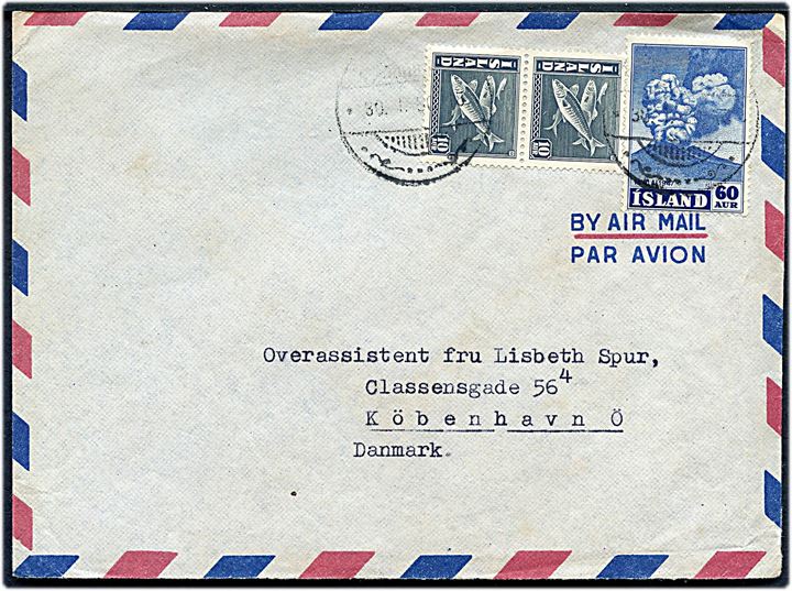 10 aur Sild (par) og 60 aur Hekla på luftpostbrev fra Reykjavik d. 30.1.1950 til København.