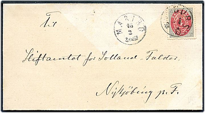 4 sk. Tofarvet anvendt i ØRE-PERIODEN på brev annulleret med lapidar VI Bursø d. 16.2.1875 og sidestemplet lapidar Maribo d. 16.2.1875 til Nykjøbing F. Flot anvendelse af skillings udg. efter 1875, men med enkelte korte takker.