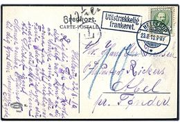 5 øre Fr. VIII på brevkort (Havnegade København) annulleret Hellerup d. 23.8.1910 til Abel pr. Tønder i Sønderjylland. Sort T-stempel og rammestempel Utilstrækkelig frankeret og påskrevet 12½ c., samt 10 pfg. tysk porto.