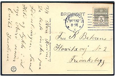 3 øre Bølgelinie på lokalt brevkort i Kjøbenhavn. Annulleret med Universal forsøgsstempel Kjøbenhavn KKB d. 14.8.1912 fra anden forsøgsperiode 30.7 til 31.8.1912. Kun 1 måned.