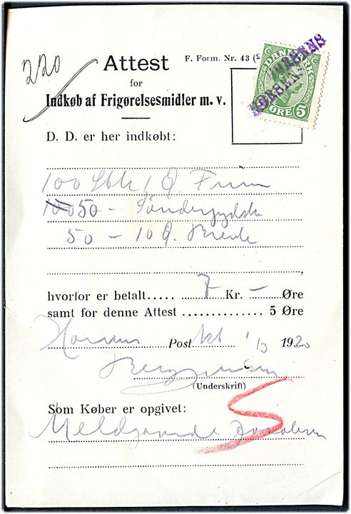 5 øre Chr. X annulleret med kontorstempel i Horsens på Attest for Indkøb af Frigørelsesmidler m.v. i Horsens d. 1.3.1920. Attesten omfatter foruden 100 stk. 1 øre Frimærker og og 50 stk. 10 øre brevkort også 50 stk. Sønderjyske - som må være Sønderjydsk Fond mærkater som blev solgt på postkontorerne for 2 øre pr. stk. 