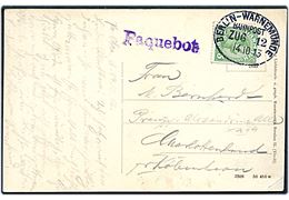 5 øre Chr. X på brevkort (Færgen Prinsesse Alexandrine) annulleret med tysk bureaustempel Berlin - Warnemünde Bahnpost Zug 12 d. 14.10.1913 og sidestemplet Paquebot til Charlottenlund, Danmark.