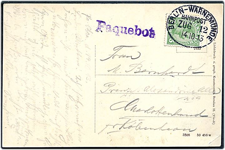 5 øre Chr. X på brevkort (Færgen Prinsesse Alexandrine) annulleret med tysk bureaustempel Berlin - Warnemünde Bahnpost Zug 12 d. 14.10.1913 og sidestemplet Paquebot til Charlottenlund, Danmark.
