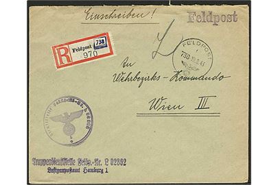 Ufrankeret anbefalet feldpostbrev stemplet Feldpost f 738 d. 19.8.1943 til Wien. Fra Dienststelle Feldpost Nr. L 02862 = 4. Batterie leichte Flak-Abteilung 836 (v) stationeret på Sylt.