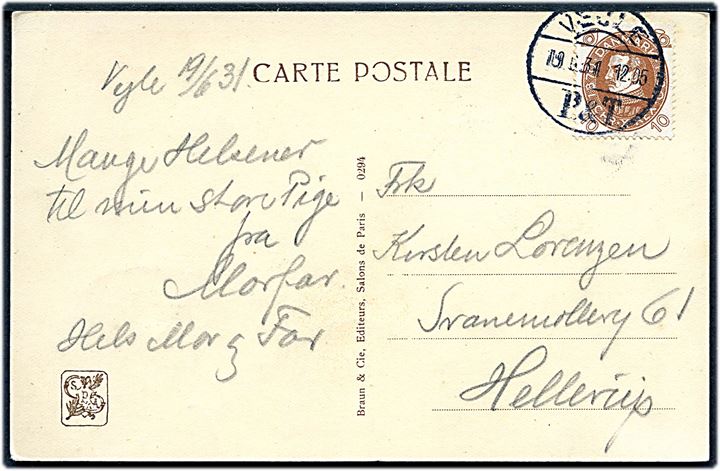 10 øre Chr. X 60 år på brevkort annulleret med brotype Vd Vejle P. & T. d. 18.6.1931 til Hellerup.