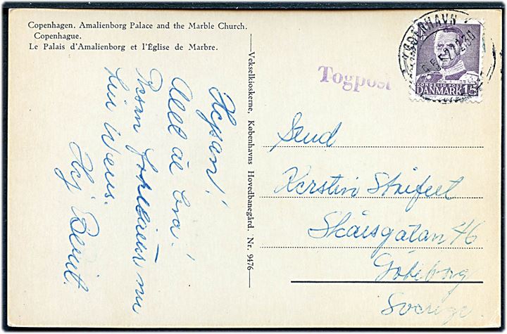 15 øre Fr. IX på brevkort fra København annulleret København d. 9.5.1952 og sidestemplet Togpost til Göteborg, Sverige.