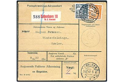 30 øre og 40 øre Karavel på postopkrævnings-adressekort for selvregistreret pakke fra firma Th. E. Grøndahl annulleret Brotype IId København Postbanegaarden d. 29.12.1942 til Gørlev.
