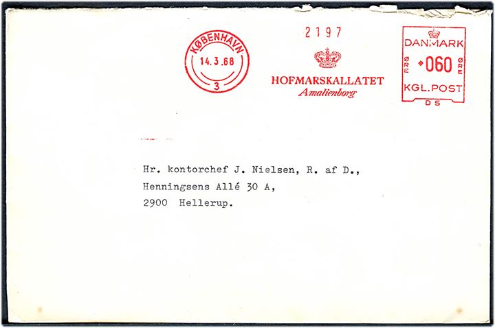 60 øre frankostempel Hofmarskallatet Amalienborg på brev fra København d. 14.3.1968 til Hellerup. Indeholder indbydelse fra Kongen og Dronningen til festforstilling i Det kgl. Teater d. 5.4.1968.