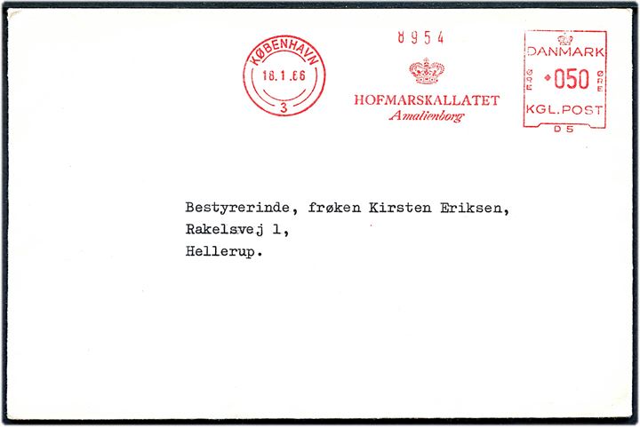 50 øre frankostempel Hofmarskallatet Amalienborg på brev fra København d. 18.1.1966 til Hellerup. Indeholder indbydelse fra Kongen og Dronningen til festforstilling i Det kgl. Teater d. 9.2.1966.