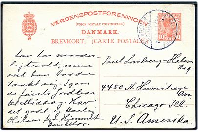 10 øre Chr. X helsagsbrevkort fra Hellerup annulleret med bureaustempel Sjællandske Kystbane T.492 d. 5.7.1916 til Chicago, USA.