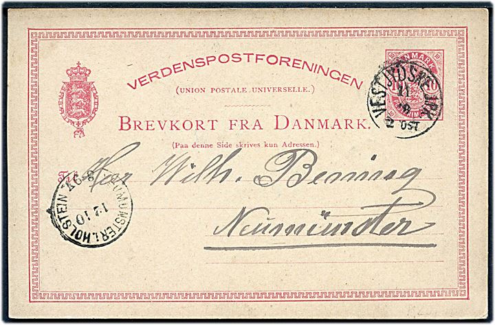 10 øre Våben små hj.tal helsagsbrevkort fra Ringkjøbing annulleret med lapidar bureaustempel Vestjydske JPK. d. 11.10.1884 til Neumünster, Tyskland.