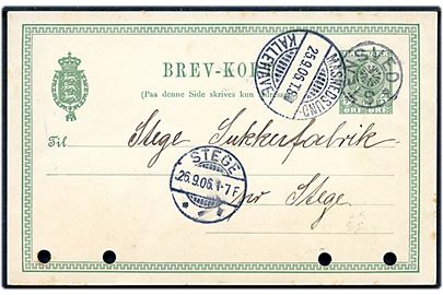 5 øre Chr. IX helsagsbrevkort annulleret med stjernestempel STENSVED og sidestemplet bureau Masnedsund - Kallehave T.8 d. 25.9.1906 til Stege. Arkivhuller.