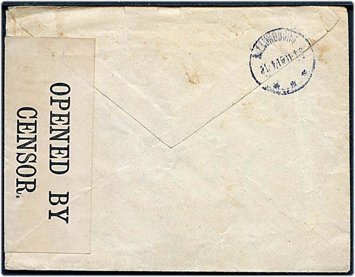 10 aur To Konger på brev fra Seydisfjördur d. 22.11.1918 til Kalundborg, Danmark. Åbnet af britisk censur no. 5477 og ank.stemplet i Kalundborg d. 21.1.1919.