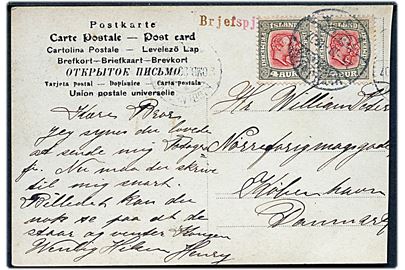 4 aur To Konger i parstykke på brevkort (Kongebesøget på Island 1907) fra Reykjavik d. 15.10.1907 til København, Danmark. Kortet afkortet i højre side.
