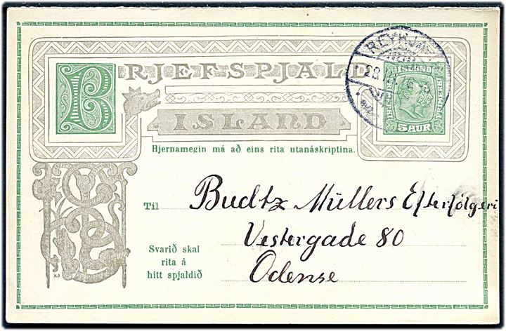 5 aur To Konger spørgedel af dobbelt helsagsbrevkort fra Reykjavik d. 28.3.1916 til Odense, Danmark.
