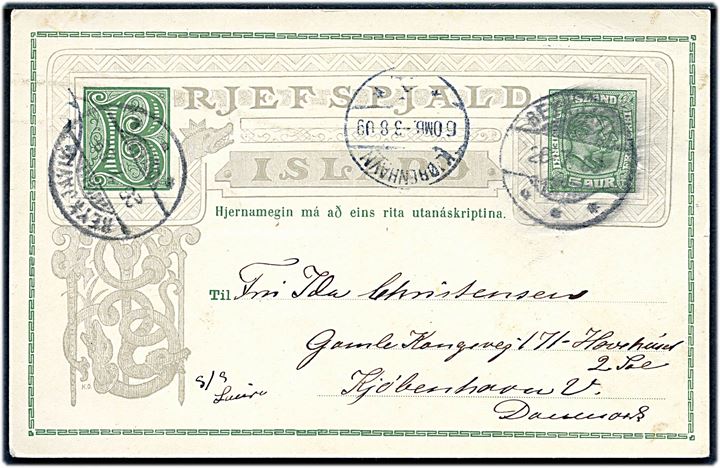 5 aur To Konger helsagsbrevkort fra Reykjavik d. 26.7.1909 til København, Danmark. Påskrevet: S/S Laura og ank.stemplet i Kjøbenhavn d. 3.8.1909.