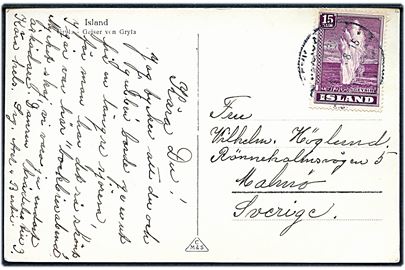 15 aur Geysir på brevkort annulleret med svagt stempel i Reykjavik 1938 til Malmö, Sverige.