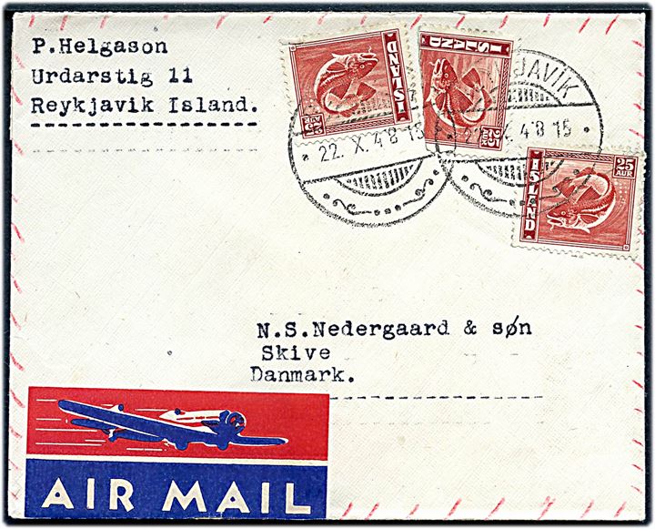 25 aur Torsk (3 - ene defekt) på luftpostbrev fra Reykjavik d. 22.10.1948 til Skive, Danmark.