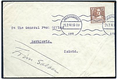 15 öre Sergel på brev fra Hälsingborg d. 24.2.1941 til Reykjavik, Island. Ingen tegn på censur.