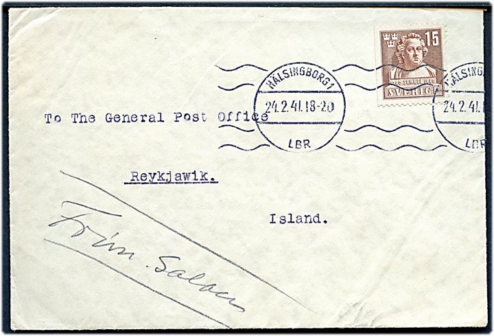 15 öre Sergel på brev fra Hälsingborg d. 24.2.1941 til Reykjavik, Island. Ingen tegn på censur.