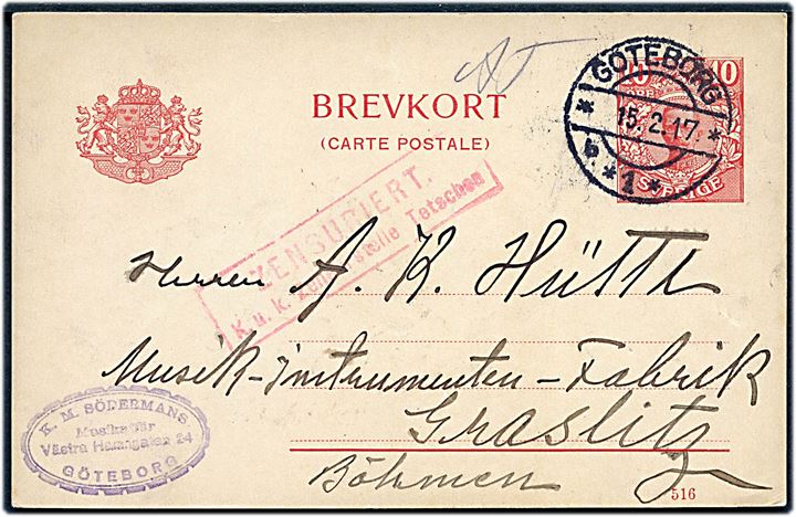 10 öre Gustaf helsagsbrevkort fra Göteborg d. 15.2.1917 til Graslitz, Böhmen, Østrig. K.u.K. censur fra Tetschen.