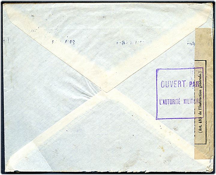 20 öre Gustaf på brev fra Stockholm d. 26.10.1915 til Paris, Frankrig. Åbnet af fransk censur i Dieppe.