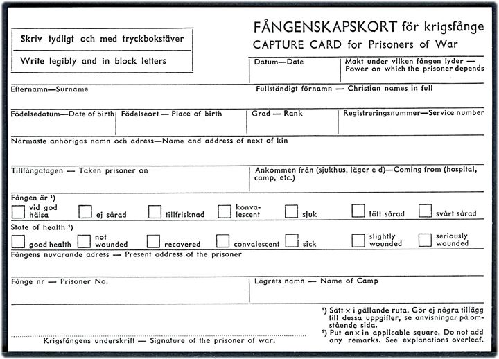 Ufrankeret fortrykt 2-sproget krigsfangepost brevkort formular M7102-383421 til Internationalt Røde Kors i Genéve, Schweiz. Moderne kort fra 1971 fra svensk beredskabslager. Ubrugt.