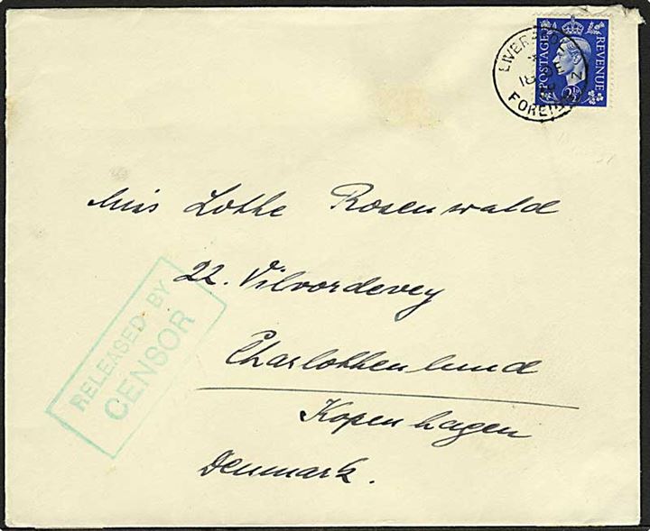 2½d George VI på brev stemplet Liverpool Foreign d. 18.12.1939 til Charlottenlund, Danmark. Grønt censurstempel: Released by Censor.
