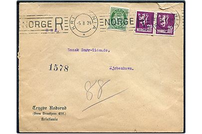 10 øre Posthorn og 20 øre Løve i parstykke på anbefalet brev annulleret med særligt TMS NORGE R/Kristiania d. 5.2.1924 til København, Danmark.