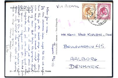 2 mills og 12 mills på luftpost brevkort fra Tripolis d. 22.4.1953 til Aalborg, Danmark. Rødligt luftpost stempel A.V.2. 