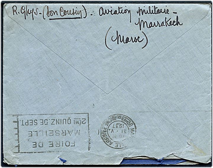Ufrankeret fransk feltpostbrev med indhold fra det franske luftvåben i Marrakech, Marokko d. 28.5.1937 til Marseille, Frankrig. Svagt afd. stempel. 