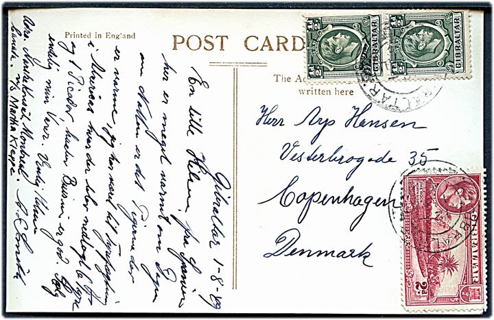 ½d (par) og 2d George VI på brevkort fra Gibraltar d. 1.8.1949 til København, Danmark.