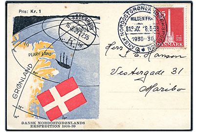 15 øre Stavnsbåndet på ekspeditionsbrevkort stemplet Nordostgrønlandsekspedition d. 18.5.1939 via København d. 16.9.1939 til Maribo, Danmark.