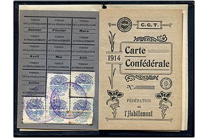 Confédération générale du travail. Fransk fagforeningsbog med kontingent kvitteringsmærker fra både 1913 og 1914. 