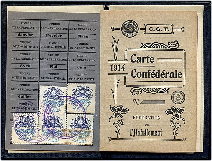 Confédération générale du travail. Fransk fagforeningsbog med kontingent kvitteringsmærker fra både 1913 og 1914. 