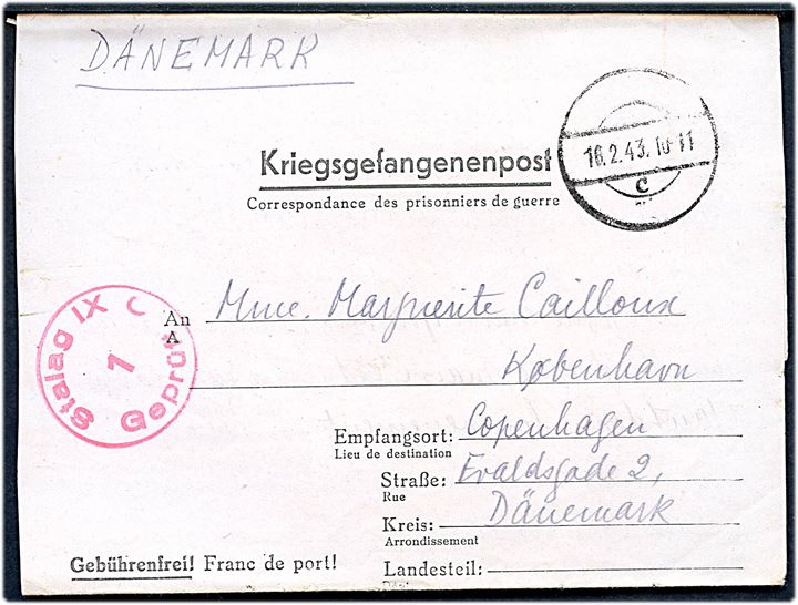 Ufrankeret fortrykt krigsfange foldebrev fra fransk krigsfange annulleret med stumt stempel d. 16.2.1943 til København, Danmark. Lejrcensur fra Stalag IXC (= Bad Sulza, Tyskland).