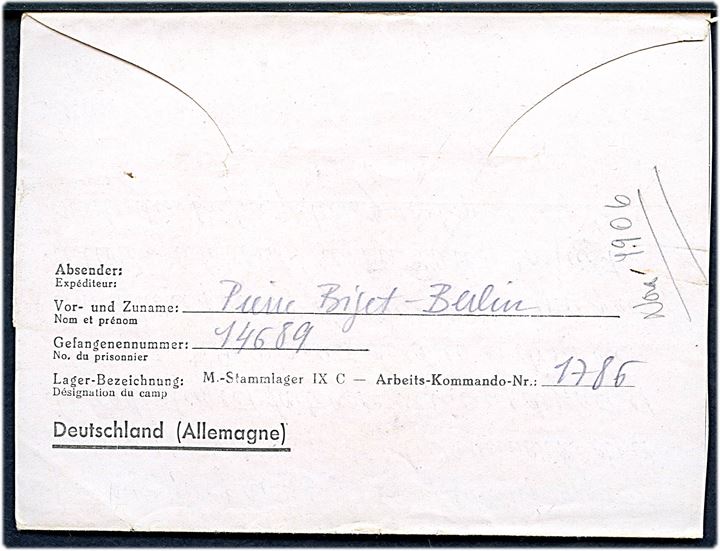 Ufrankeret fortrykt krigsfange foldebrev fra fransk krigsfange annulleret med stumt stempel d. 16.2.1943 til København, Danmark. Lejrcensur fra Stalag IXC (= Bad Sulza, Tyskland).