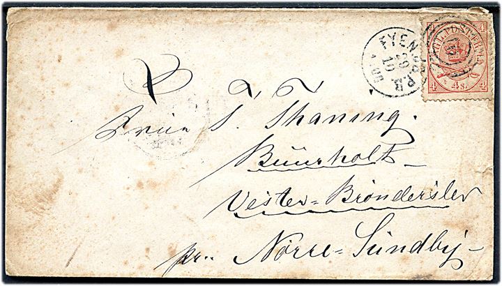 4 sk. Krone/Scepter på brev annulleret med kombineret nr.stempel 10/Fyen JB.P.B. d. 29.10.18xx via Middelfart, Jydske JB.P.B. og Aalborg til Buurholt, Vester-Brønderslev pr. Nørre-Sundby. Vester Brønderslev var brevsamlingssted og selvstændig postadresse i perioden 1852-1871 hvor brevsamlingsstedet flyttede til Brønderslev. Nusset mærke med fold.