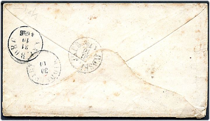 4 sk. Krone/Scepter på brev annulleret med kombineret nr.stempel 10/Fyen JB.P.B. d. 29.10.18xx via Middelfart, Jydske JB.P.B. og Aalborg til Buurholt, Vester-Brønderslev pr. Nørre-Sundby. Vester Brønderslev var brevsamlingssted og selvstændig postadresse i perioden 1852-1871 hvor brevsamlingsstedet flyttede til Brønderslev. Nusset mærke med fold.
