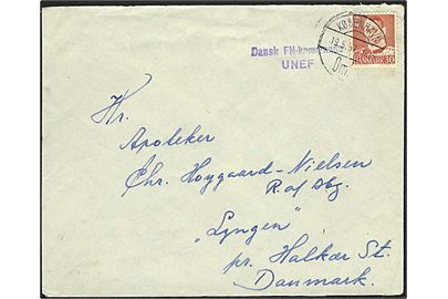 30 øre Fr. IX på brev stamplet København d. 19.5.1957 og sidestemplet Dansk FN-kommando UNEF til Halkær St. Fra feltpræst ved Dansk FN-kommando UNEF i Gaza.