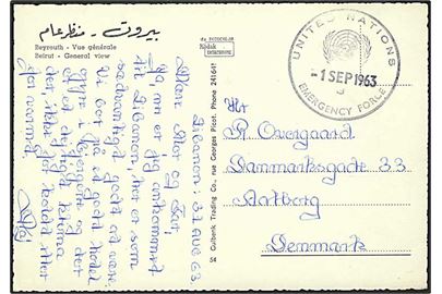 Ufrankeret brevkort fra Beirut dateret Lebanon d. 31.8.1963 og stemplet United Nations Emergency Force d. 1.9.1963 til Aalborg, Danmark.