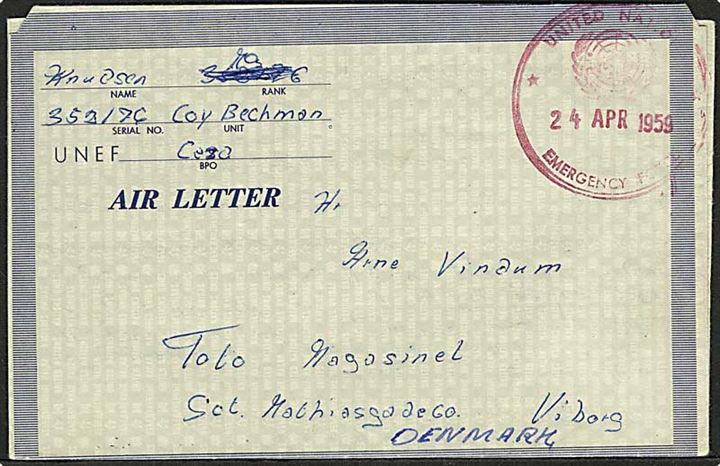 Ufrankeret UNEF Air Letter stemplet United Nations Emergency Force d. 24.4.1959 til Viborg, Danmark. Fra FN-soldat i Coy Bachman i Gaza.