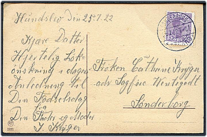 15 øre Chr. X på brevkort dateret i Hundslev annulleret med bureaustempel Sønderborg - Nørborg sn1 T.07 d. 26.7.1922 til Sønderborg.
